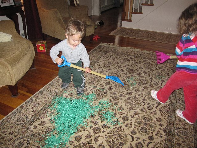 IMG_8666.jpg - Nathan and Catherine wanted to practice their raking skills inside, so we pulled out the pretend grass.