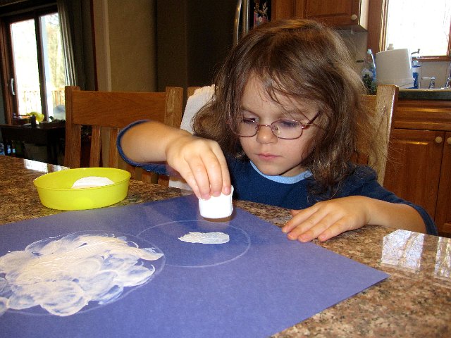 IMG_3709.jpg - Onto snowman and snow-woman painting using marshmallows as stamps;  fun, fun!