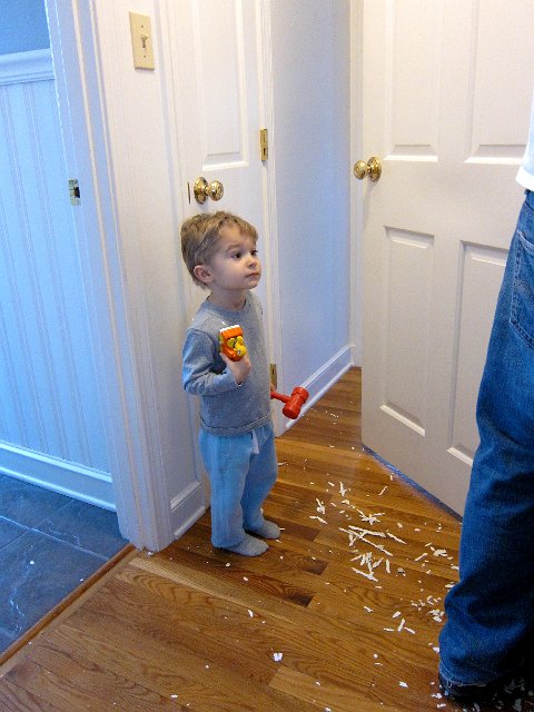 IMG_6521.jpg - There's the little helper.  Rarely without his Big Bird car and he even has his hammer in hand!