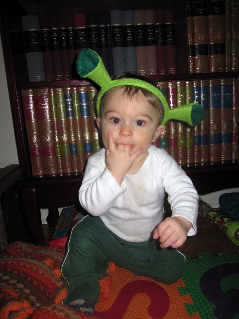 IMG_3249b.jpg - Catherine was helping out by placing this headband on Nathan to celebrate St. Patrick's Day.