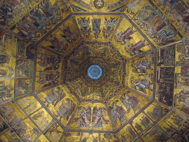 Baptistry-04.JPG - Inside... look up and you will see the most magnifcent mosaic ceiling. Each panel represents a scene from the Bible.