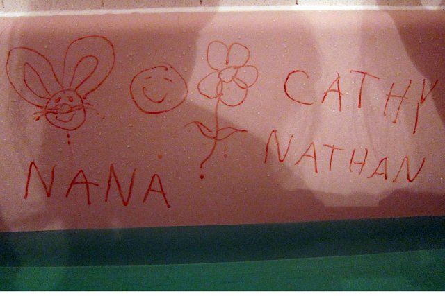 IMG_3482b.jpg - A sampling of the art show that goes on during bath time with Catherine.  (Daddy is the artist and Catherine instructs what she wants to see.)
