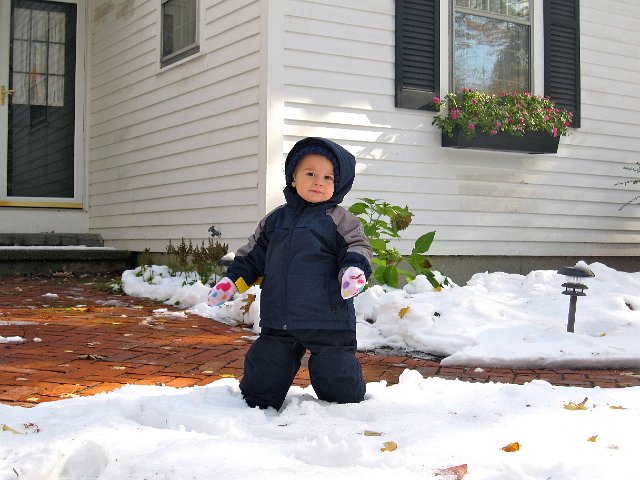 IMG_6784.JPG - Can you believe it?  October 30th and we were hit with our first Nor'Easter of the winter season.  Nathan is dressed like a little Michelin Man and trying to learn how to walk all over again.