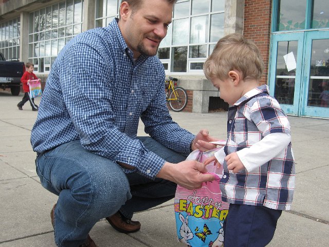 IMG_8595.jpg - Nathan is just learning the ropes of the mad rush for the eggs.