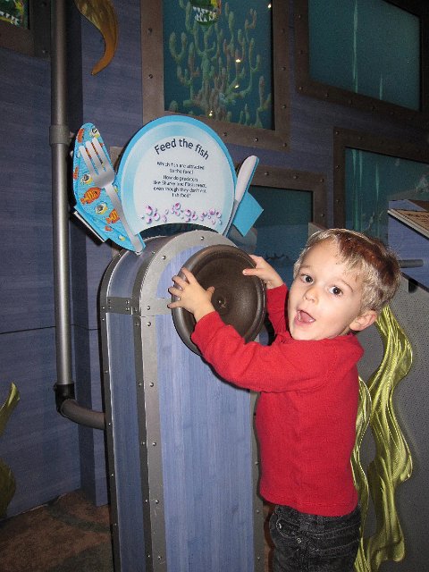 IMG_4097.jpg - Nathan had a good time feeding the fish.  The faster you turned the wheel, the faster the food would fall from the sky to the swimming "fish" below on the digital screen.