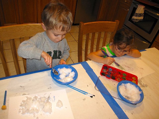 IMG_4255.jpg - We also brought some of the snow inside for craft time.  Nathan basically liked building with it while Catherine and I did some watercolor painting using the snow.