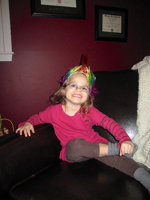 IMG_3902.jpg - And, Catherine found a rainbow-colored-light-up-mohawk wig in the dress up bin.  You truly never know what you'll find there!