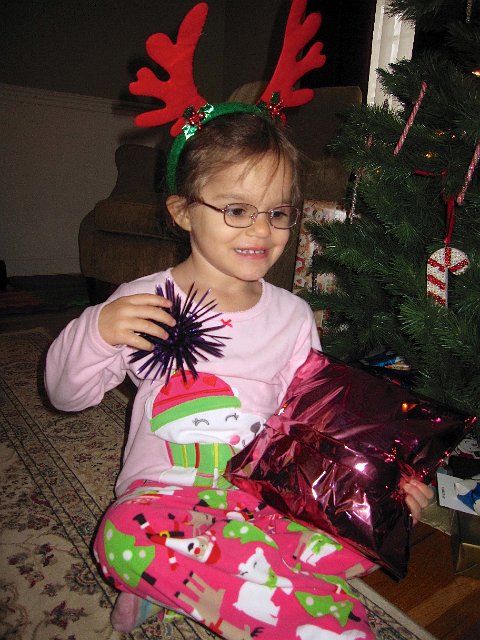 IMG_3403.jpg - Catherine's wish list to Santa this year included:  Pink bunny slippers and Rudolph. She also frequently mentioned pink wrapping paper and a purple bow.  It looks like Santa truly does listen to every detail!