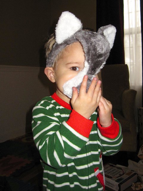 IMG_3431.jpg - Nathan LOVES pretending to be the big, bad wolf.  So, he is modeling his wolf mask (with sound effects) and also got a book called "Huff & Puff" where you can pretend to blow the little pigs' houses down.  Too funny!