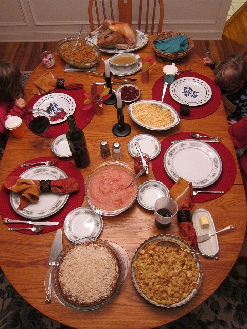 IMG_5972.jpg - The feast = 10 lb turkey, stuffing, green bean casserole, creamed corn, homemade applesauce, rolls with homemade strawberry jelly, preschool made cranberry relish and shoofly pie.  Yes, all for 2 adults and 2 kids and most items are used again in a nice big batch of turkey noodle soup, yum!